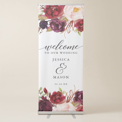 Burgundy Marsala Wedding Welcome Banner with Stand