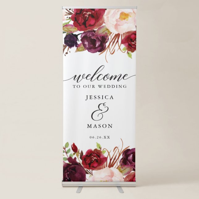 Burgundy Marsala Wedding Welcome Banner with Stand (Front)