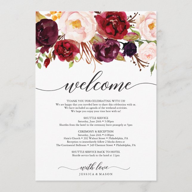 Burgundy Marsala Wedding Welcome Itinerary Letter Program (Front)