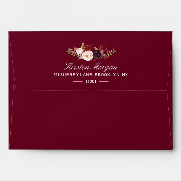 Burgundy Marsala Wine Red Floral & Return Address Envelope