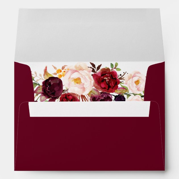 Burgundy Marsala Wine Red Floral & Return Address Envelope