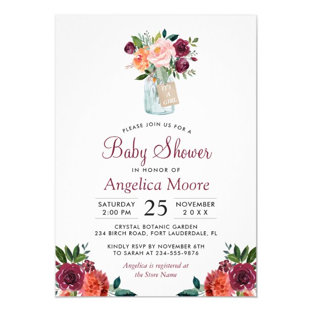 Burgundy Mason Jar Floral Polka Dots Baby Shower Invitation