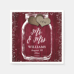 Burgundy Mason Jar Rustic Wood Mr. & Mrs. Wedding Napkins