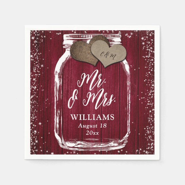Burgundy Mason Jar Rustic Wood Mr. & Mrs. Wedding Napkins (Front)