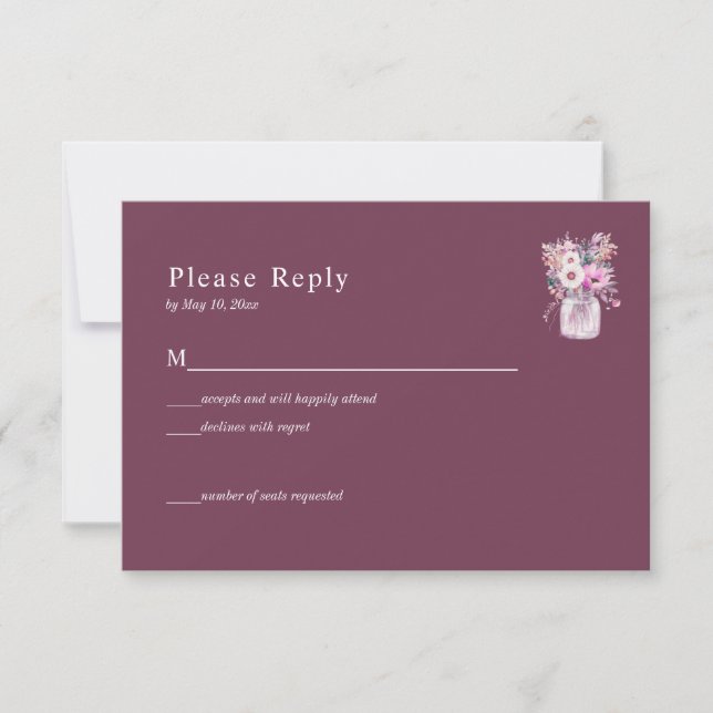 Burgundy Mason Jar with Flowers RSVP Card (Front)