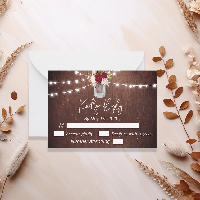 Burgundy Mason Jar Wood Budget Lights Flower RSVP  Note Card (Creator Uploaded)