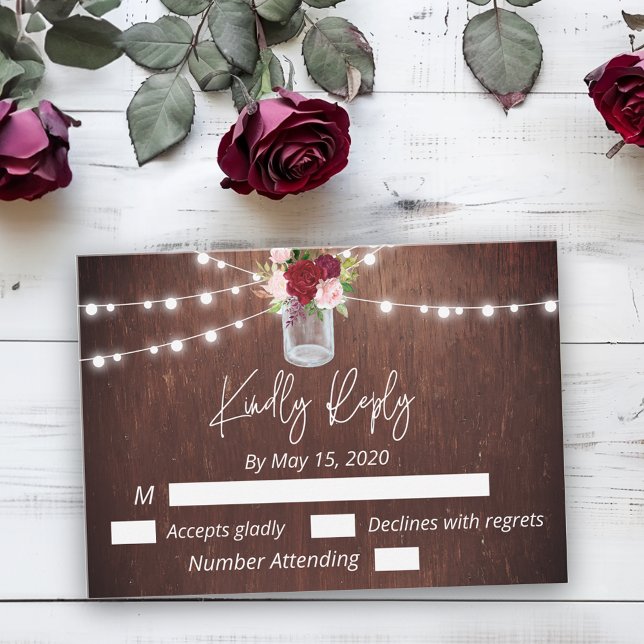 Burgundy Mason Jar Wood String Lights Budget RSVP Note Card (Creator Uploaded)