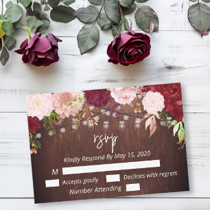 Burgundy Mason Jar Wood String Lights Flower RSVP  Card