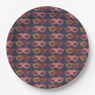 Burgundy Masquerade Masks Pattern Paper Plates