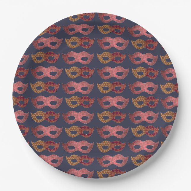 Burgundy Masquerade Masks Pattern Paper Plates (Front)