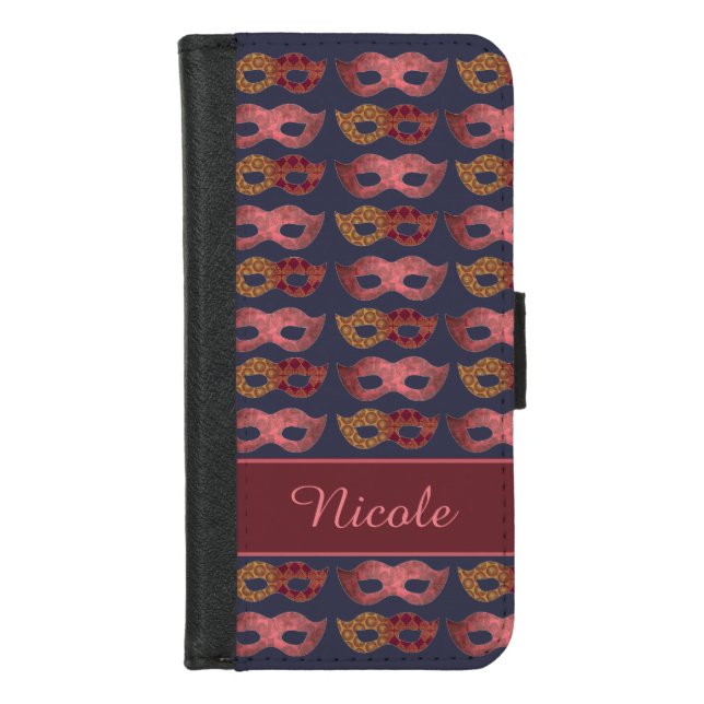 Burgundy Masquerade Masks Pattern Personalised iPhone Wallet Case (Front)