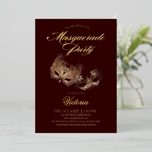 Burgundy Masquerade Party  Foil Invitation (Standing Front)