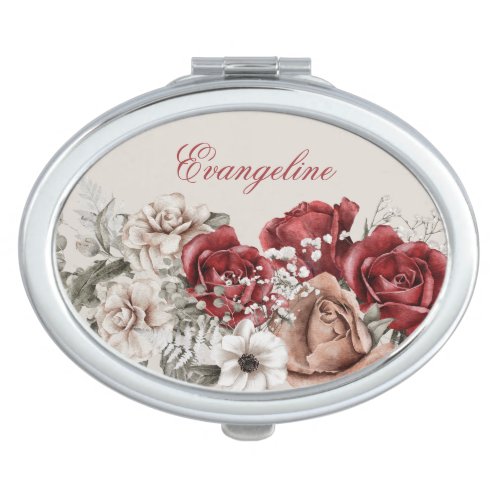 Burgundy Mauve and White Roses and Babys Breath Compact Mirror