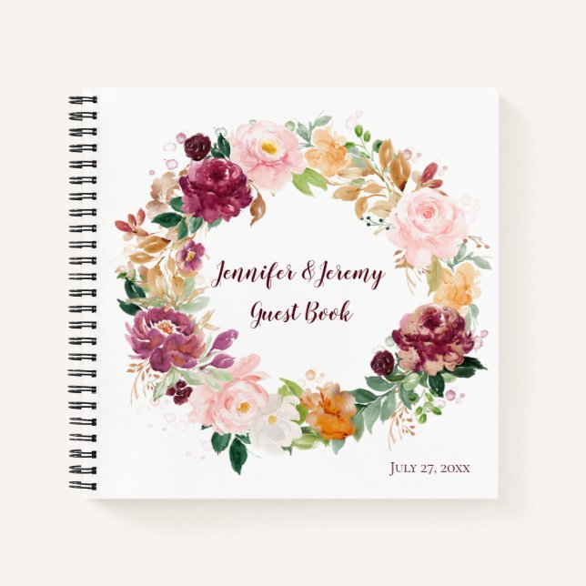 Burgundy Mauve Blush Rustic Floral Guest Book (Front)