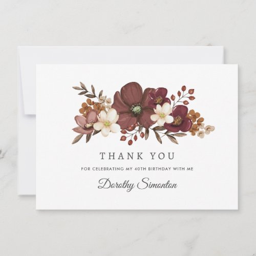 Burgundy Mauve Ivory Fall 40th Birthday Flat Thank You Card