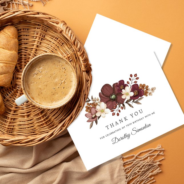 Burgundy Mauve Ivory Fall 70th Birthday Flat Thank You Card (Need matching fall  party supplies? Message me!)