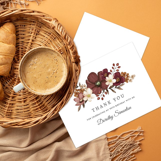 Burgundy Mauve Ivory Fall 90th Birthday Flat Thank You Card (Creator Uploaded)
