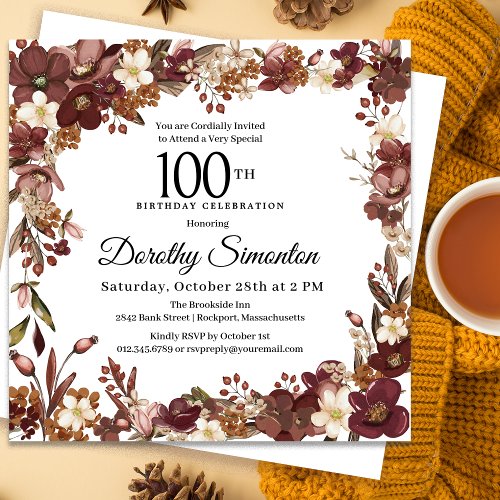 Burgundy Mauve Ivory Fall Floral 100th Birthday Invitation