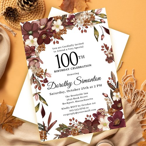 Burgundy Mauve Ivory Fall Floral 100th Birthday Invitation