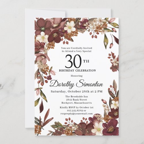 Burgundy Mauve Ivory Fall Floral 30th Birthday Invitation