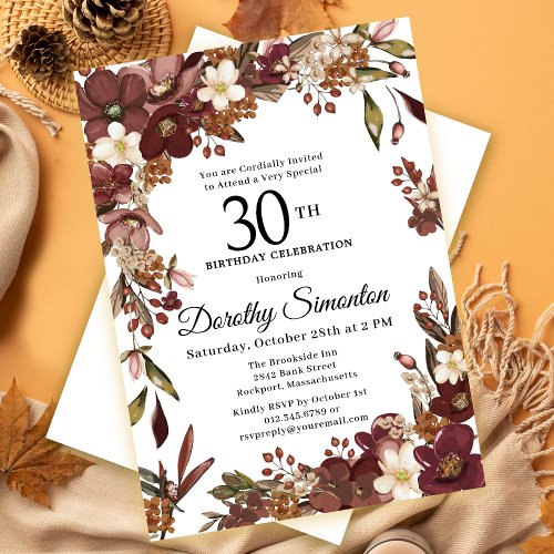 Burgundy Mauve Ivory Fall Floral 30th Birthday Invitation