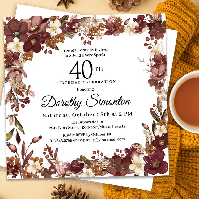 Burgundy Mauve Ivory Fall Floral 40th Birthday Invitation (Need matching party supplies? Message me!)