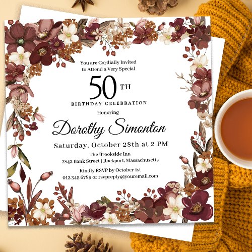 Burgundy Mauve Ivory Fall Floral 50th Birthday Invitation