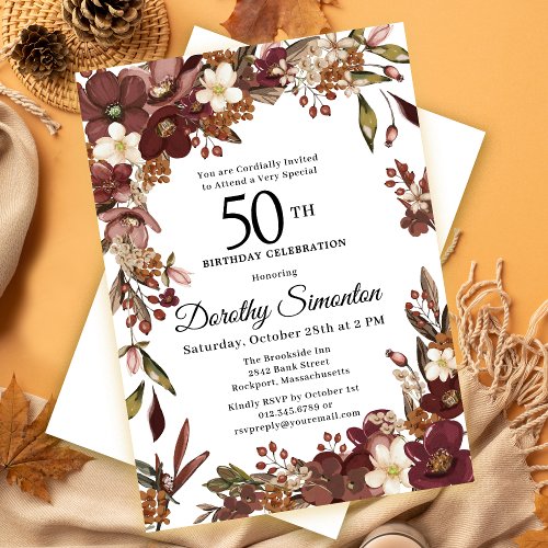 Burgundy Mauve Ivory Fall Floral 50th Birthday Invitation