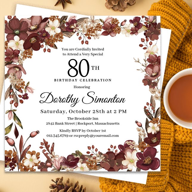 Burgundy Mauve Ivory Fall Floral 80th Birthday Invitation (Need matching party supplies? Message me!)