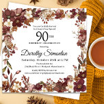 Burgundy Mauve Ivory Fall Floral 90th Birthday Invitation<br><div class="desc">Elegant burgundy,  mauve and ivory white fall flowers create a very pretty floral frame. Berries and branches give it a modern and rustic Boho vibe. The birthday celebrant's name is written in a timeless script font. This item is part of the Burgundy,  Mauve and White Floral collection.</div>