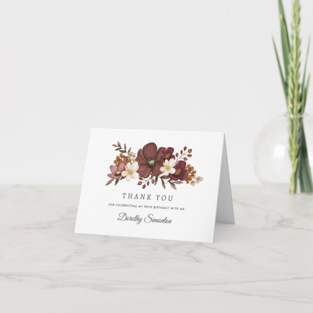 Burgundy Mauve Ivory Fall Floral 90th Birthday Thank You Card (Front)