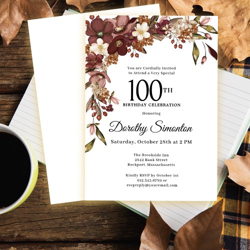 Burgundy Mauve Ivory Fall Flowers 100th Birthday Invitation