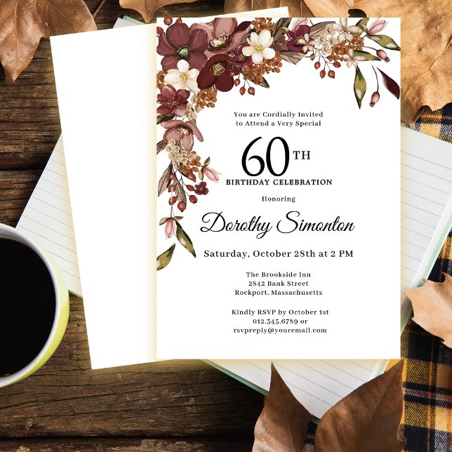Burgundy Mauve Ivory Fall Flowers 60th Birthday Invitation (Need matching burgundy floral party supplies? Message me!)