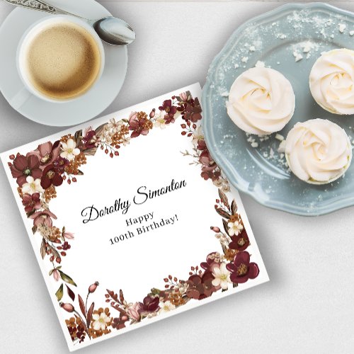 Burgundy Mauve White Fall Flower 100th Birthday Napkins