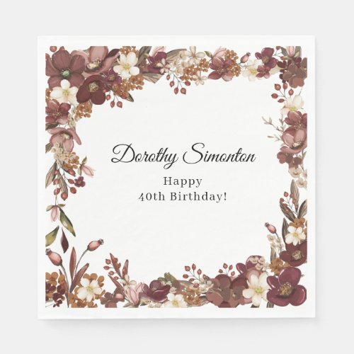 Burgundy Mauve White Fall Flower 40th Birthday Napkins