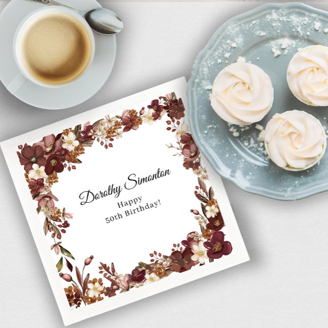 Burgundy Mauve White Fall Flower 50th Birthday Napkins (Need more matching party supplies? Message me!)