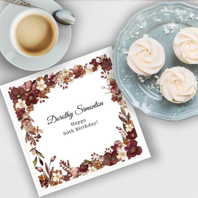 Burgundy Mauve White Fall Flower 80th Birthday Napkins (Need more matching party supplies? Message me!)