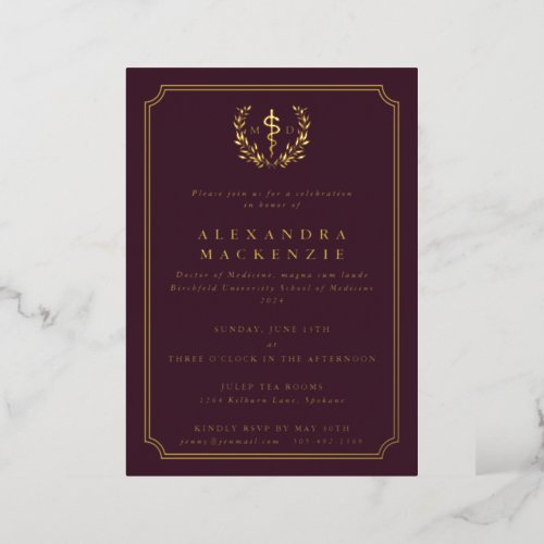 Burgundy MD Asclepius  Laurel Wreath Graduation Foil Invitation