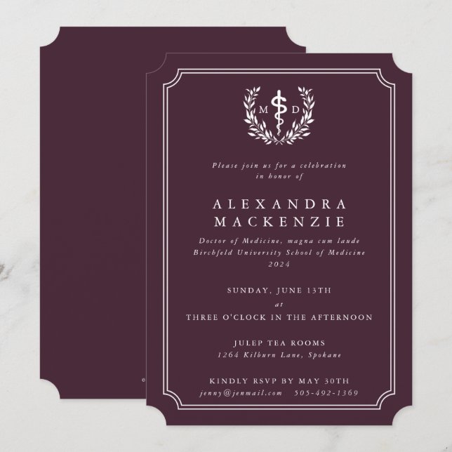 Burgundy MD Asclepius + Laurel Wreath Graduation Invitation (Front/Back)