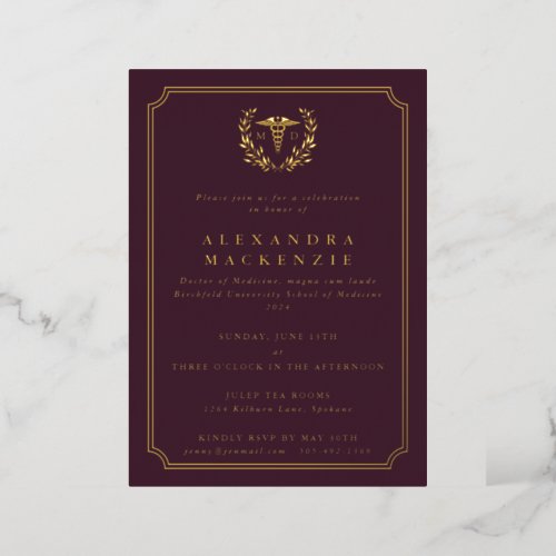 Burgundy MD CaduceusLaurel Wreath Graduation Foil Invitation