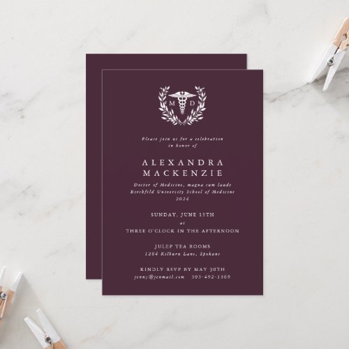 Burgundy MD CaduceusLaurel Wreath Graduation Invitation