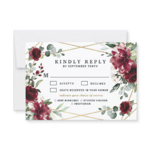 Burgundy Meal Choice Blush Gold Greenery Wedding RSVP Card