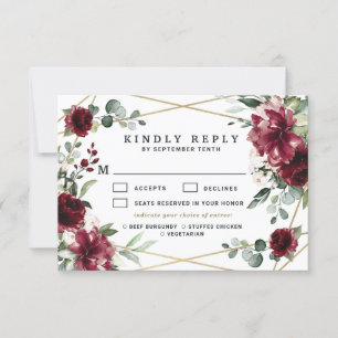 Burgundy Meal Choice Blush Gold Greenery Wedding RSVP Card