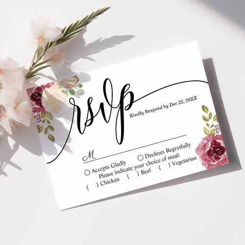 Burgundy Merlot Floral Wedding RSVP Card