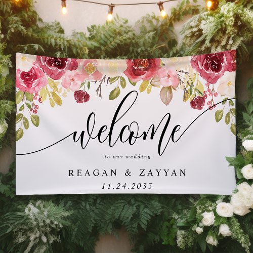 Burgundy Merlot Floral Wedding Welcome Banner