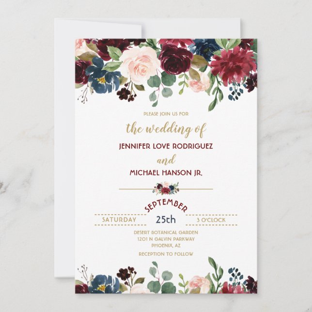 Burgundy Merlot & Navy Blue Floral Blooms Wedding Invitation (Front)