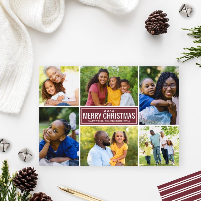 Burgundy Merry Christmas 6 Photo Collage Holiday Card (Creator Uploaded)