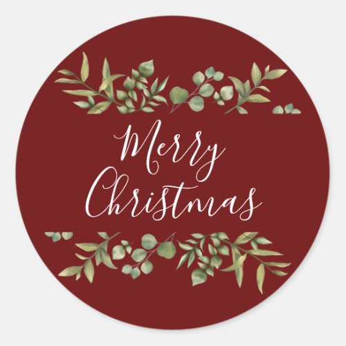 Burgundy Merry Christmas Elegant Script Greenery Classic Round Sticker