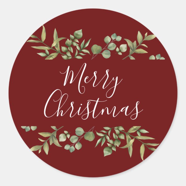 Burgundy Merry Christmas Elegant Script Greenery Classic Round Sticker (Front)