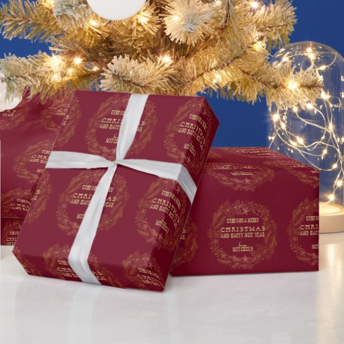 Burgundy Merry Christmas Golden Wreath Wrapping Paper